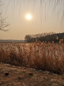Sunset over frozen lake Haidian Beijing 