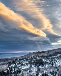 Sunset over Lake Superior from a snow covered Superior National Forest Minnesota 