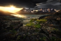 Sunset with Lenticular cloud in the Patagonia region Torres Del Paine National Park Chile  by JKboy Jatenipat 