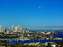 Sydney Harbor with setting moon