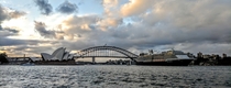 Sydney Opera House and the Harbor Bridge and a ship 