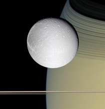 Taken by Cassini on Oct   this is Saturns rings and one of its moons Dione