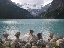 The art of rock balancing in Lake Louise Alberta OC 