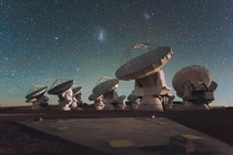 The Atacama Large Millimetersubmillimeter Array ALMA by night under the Magellanic Clouds 