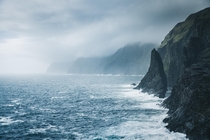 The Atlantic Ocean surging against the coast of the Faroe Islands 