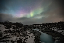 The Aurora Borealis over Bruarfoss Iceland oc 