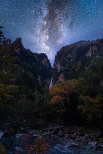 The beautiful Milky Way over Meteor Falls in Daisetsuzan National Park Japan 