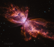 The Butterfly nebula or NGC  a planetary nebula has a surface temperature of about C amp spans over  light-years Its  light-years away in the constellation of the Scorpion CreditNASA ESAHubble HLA