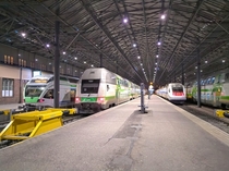 The Central Railwaystation in Helsinki Finland high speed train Allegro to StPetersburg leaving the station 