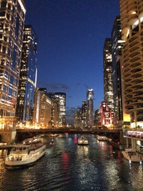 The Chicago river at dusk