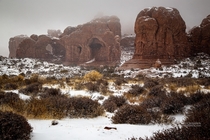 The desert during a snowstorm was incredible Arches National Park Utah 