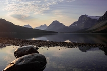The early morning calm waters of Bow Lake Ab  IG  BroValley