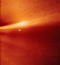 The first pic that was ever taken inside the Suns corona by the Parker probe about  million miles from the Sun The white dot is Mercury