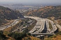 The  Freeway at the Newhall Interchange with the  at the very northern part of LAs City Limits