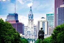 The General looking out over downtown Philadelphia PA from the Rocky steps