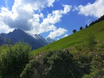 The grassy mountain hillside of Gimmelwald Switzerland 