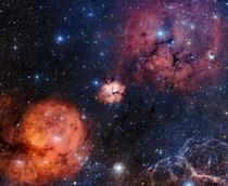 The Gum  star forming region including the star cluster NGC  and some of the filaments forming part of the Vela Supernova Remnant Larger images in comments 
