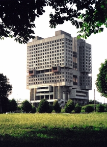 The House of the Soviets in Kaliningrad Russia Nicknamed buried robot the brutalist structure looks like the head of a giant robot buried in the ground 