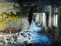 The inside of one of the abandoned psychiatry hospital buildings part is burned out
