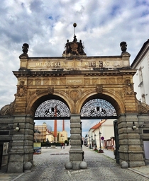 The main gate at the Pilsner Urquell Brewery in Plze Czech Republic 