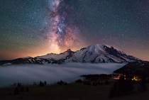 The Milky Way above Mt Rainier after fog settles near the Sunrise Visitors Center 