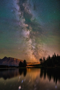The Milky Way rising over Two Jack Lake in Alberta Canada 