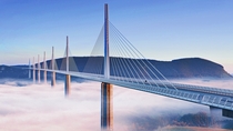 The Millau Viaduct in France in the mist