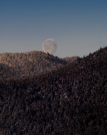 The moon setting during the sunrise on a  F January morning in Juneau Alaska 