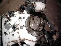 The Navigation Cameras or Navcams aboard NASAs Perseverance Mars rover captured this view of the rovers deck