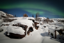The northern lights at the abandoned Giant Mine on Great Slave Lake in Yellowknife NWT Canada 