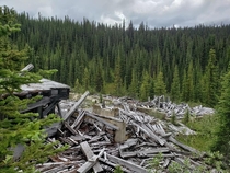 The obliterated ruins of the Cariboo Hudson Gold and Silver Mine Mill Yanks Peak Rd Wells BC OC
