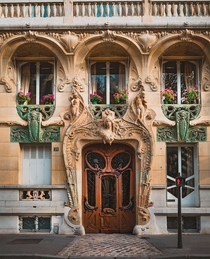 The ornate entrance of Lavirotte Building built between  and  one of the best-known surviving examples of Art Nouveau architecture in Paris France