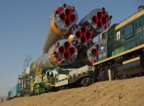 The Soyuz rocket is rolled out to the launch pad for its March  launch 