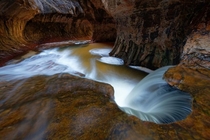 The Subway with Spring Snowmelt Zion National Park USA  OC   X   IG thelightexplorer