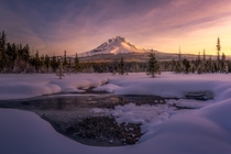 The sun rising on Mt Hood in Oregon from a little meadow 