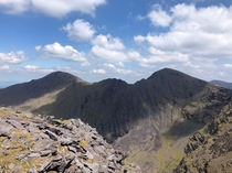 The two highest mountains in Ireland Beenkeeragh on the left and Carrauntouhill on the right with a knife-edge ridge called The Bones connecting them 