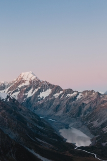 The view of Mount Cook in New Zealand from the top of the Mueller Hut hike at sunset 