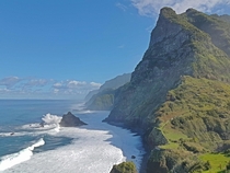 The wild north coast of Madeira Portugal on a windy but sunny day 