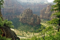 The winding Virgin River seen from the entrance of Hidden Canyon in Zion Utah 
