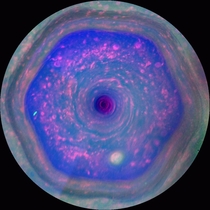 This colorful view from NASAs Cassini mission is the highest-resolution view of the unique six-sided jet stream at Saturns north pole known as the hexagon 