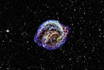 This composite of images from NASAs Chandra X-ray Observatory shows the remnant of Keplers supernova in low red intermediate green and high-energy blue X-rays The background is an optical star field taken from the Digitized Sky Survey 