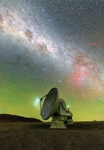 This image shows a lone antenna looking up at the sky but in reality this antenna is far from lonely It is part of the Atacama Large Millimeter  submillimeter Array ALMA a telescope comprising  high-precision antennas scattered across the Chajnantor Plate