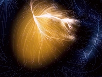 This is Laniakea our home supercluster That red dot is the Miky Way galaxy The large feather structure is about  galaxies bound together by mutual gravity as one as it moves thru the universe amongst an estimated  million other superclusters of various si