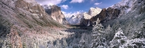 This wintery panorama of Yosemite CA was captured on film using a camera from  