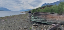 Three abandoned boats on the coast of Akkajaure Suorva northern Sweden