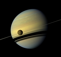 Titan and Saturn natural color view by Cassini 