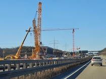 Today a pre built railroad bridge is moved to its final place over the B federal roadway near Kngen Germany