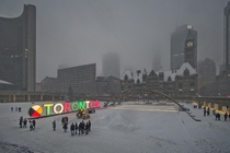 Torontos Nathan Phillips Square During a Snowstorm 