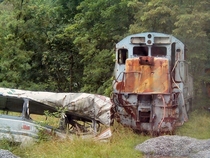Train wreck left abandoned after shooting a scene from the movie The Fugative