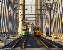 Trams crossing a bridge Belgrade
